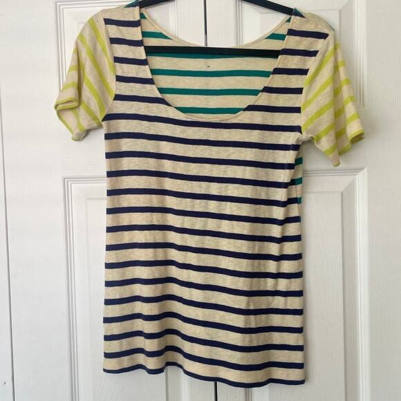 French Connection Green Blue Striped 100% Cotton Short Sleeve T-Shirt • Sz XS ⬇️ - Picture 4 of 4
